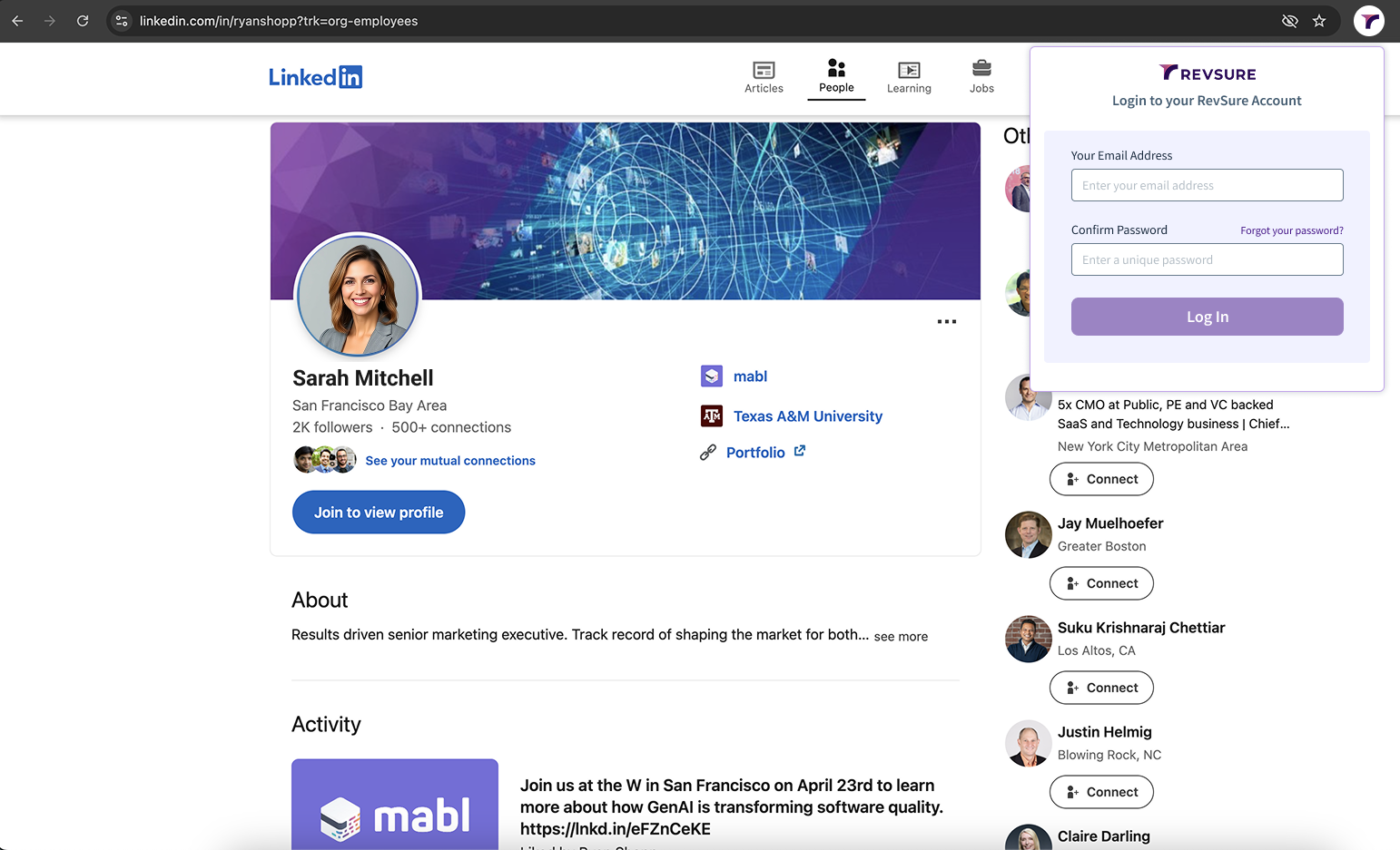 LinkedIn profile of Sarah Mitchell showcasing her professional details and connections.